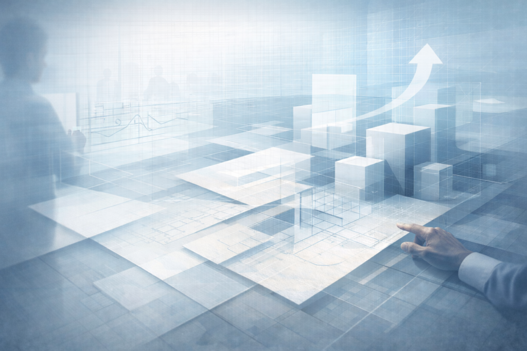 事業構造設計(Business Core Architecture)を象徴する抽象的な構造レイヤーのビジュアル