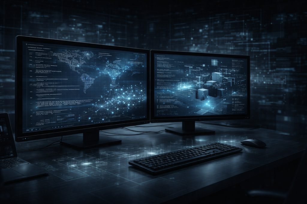 IT Structural Architecture を象徴するデュアルモニターとデジタル構造のビジュアル