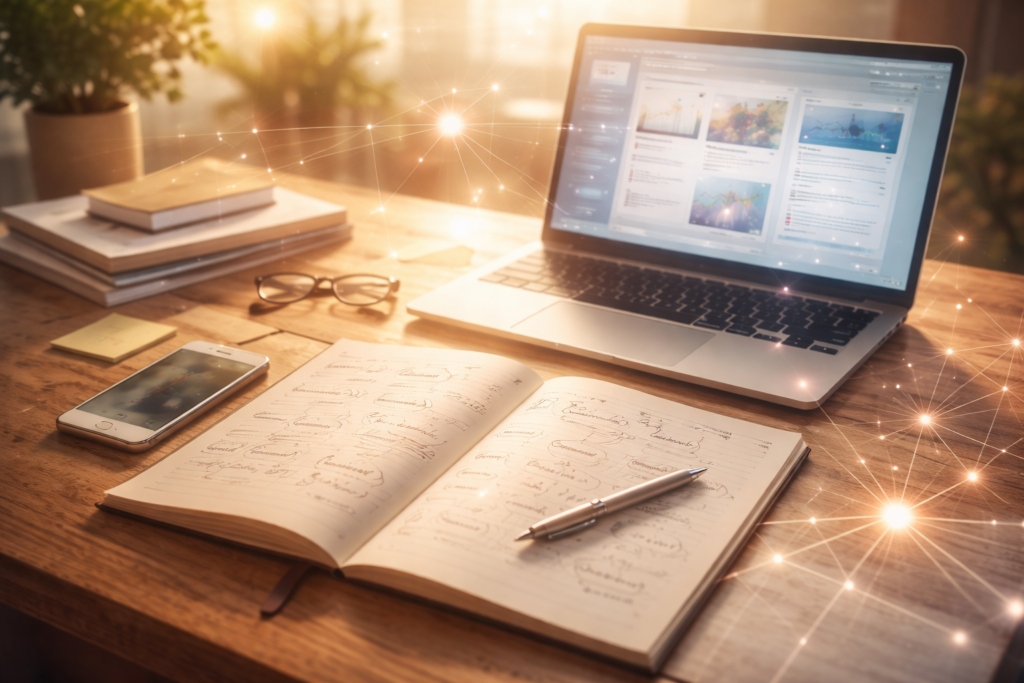 机上のノートとデバイスを通じて知識が発信・共有されるメディア空間のビジュアル