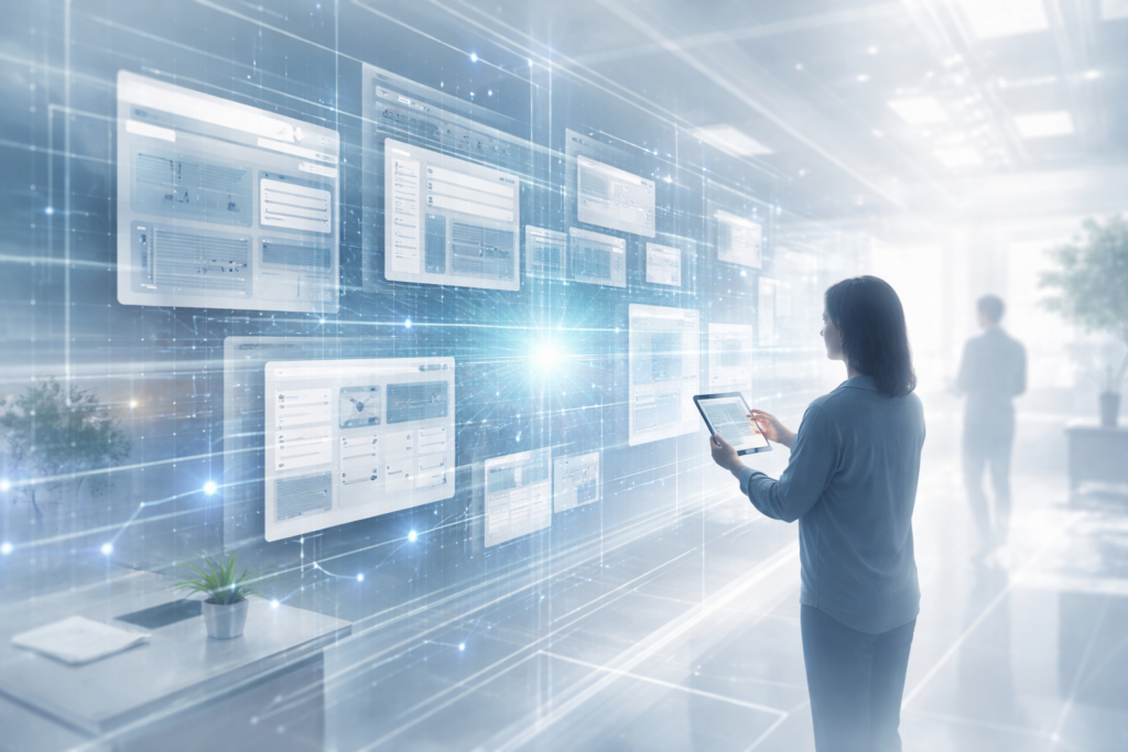 Web Structural Design を象徴するUIグリッドと人の操作ビジュアル