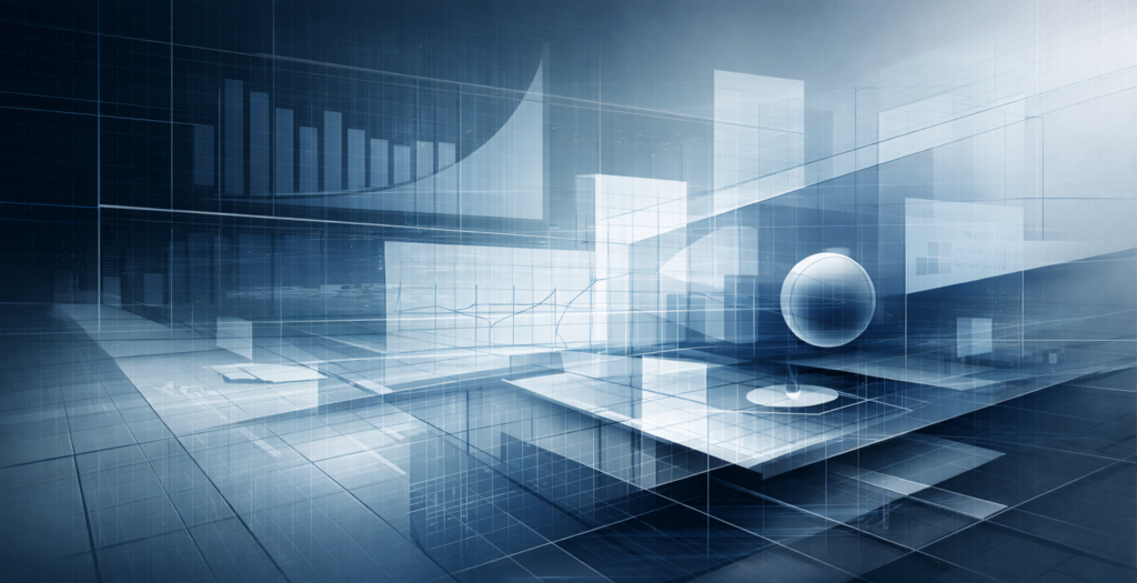 TechWeitトップ画像 青が基調でグラフなどが多層的かつ構造的に組み合わせられているイメージ。
